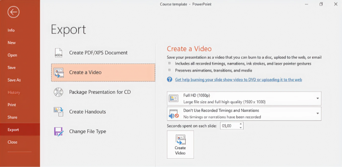 Окно Create a Video с выбором параметров в Microsoft PowerPoint