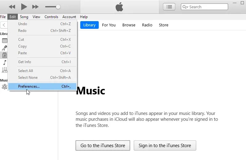 Меню Edit в iTunes для Windows с пунктом Preferences