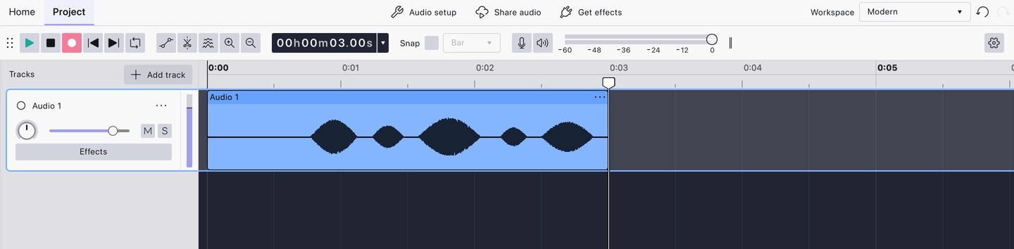 Интерфейс Audacity 4 с записываемой голосовой дорожкой