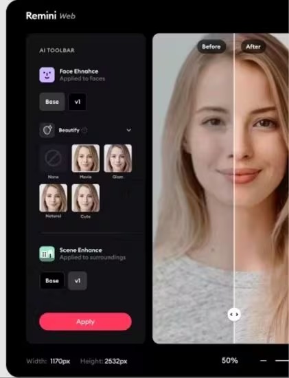 Интерфейс Remini Web с улучшением портрета и сравнением до и после