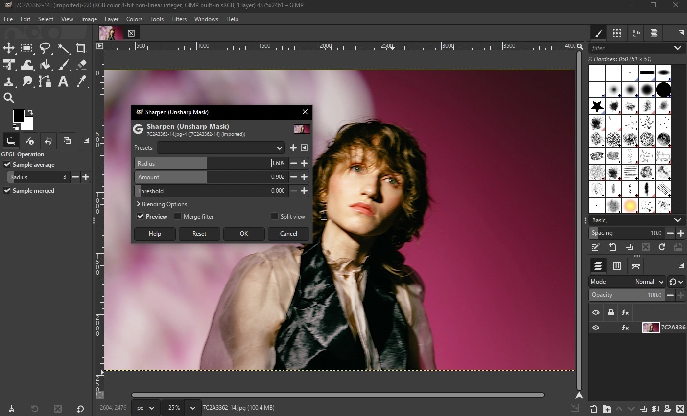 Параметры Radius Amount Threshold фильтра Sharpen Unsharp Mask в GIMP