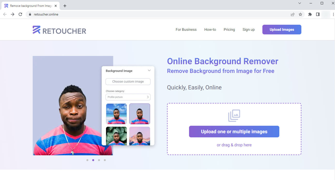Интерфейс Retoucher Online с выбором нового фона для портрета