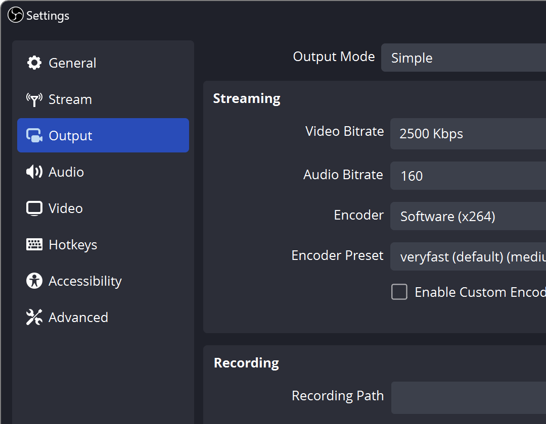 Раздел Output в настройках OBS Studio с параметрами записи