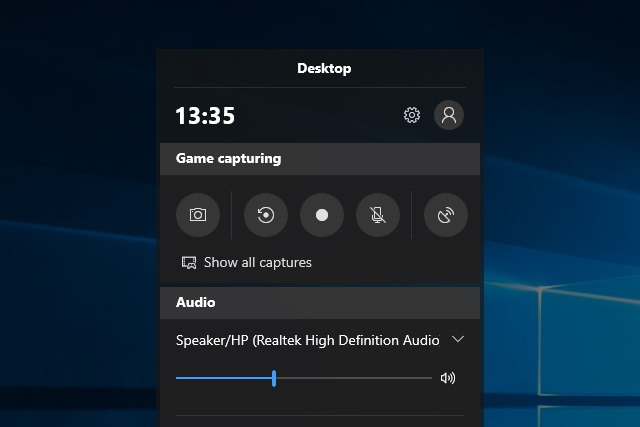 Панель Xbox Game Bar в Windows 10 с кнопками захвата видео и управления звуком