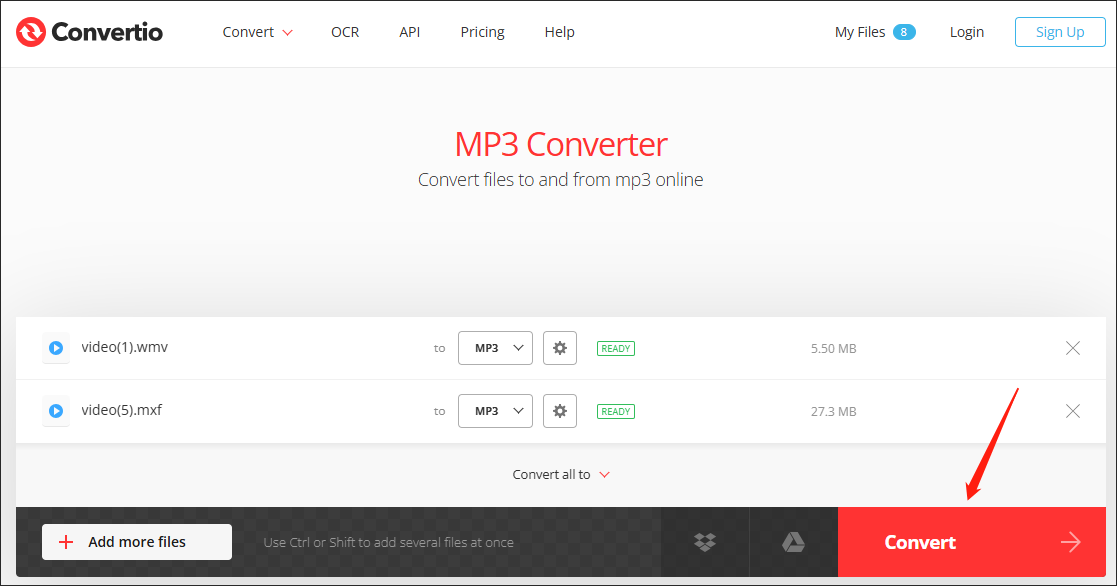 Интерфейс Convertio с очередью файлов и выбранным выходным форматом MP3