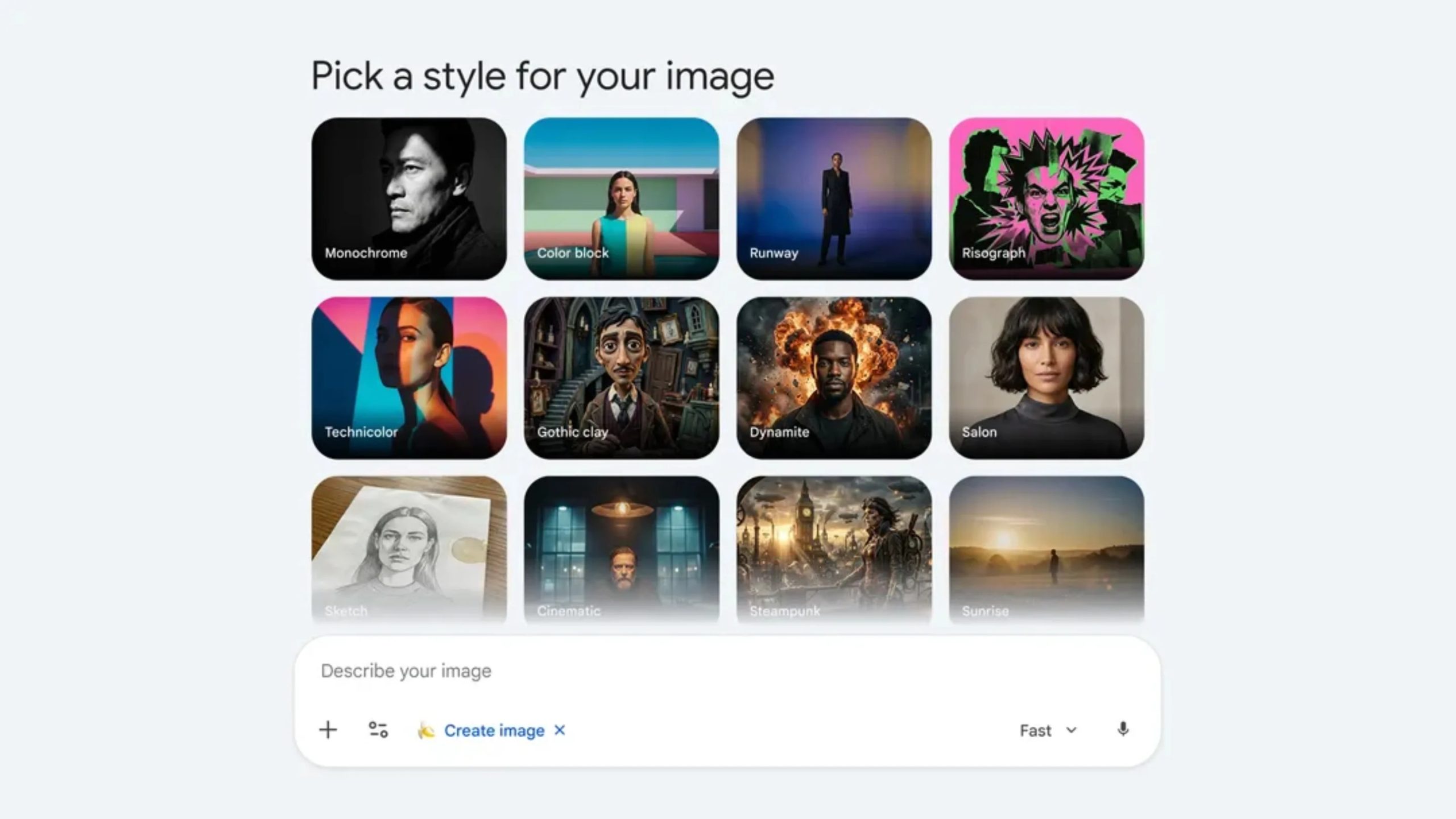 Интерфейс Gemini Images с выбором визуального стиля и полем Describe your image
