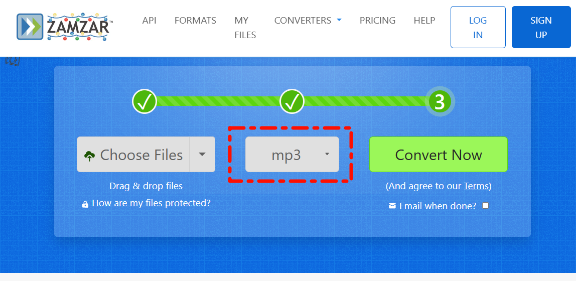 Интерфейс Zamzar с кнопкой Choose Files и выбранным MP3