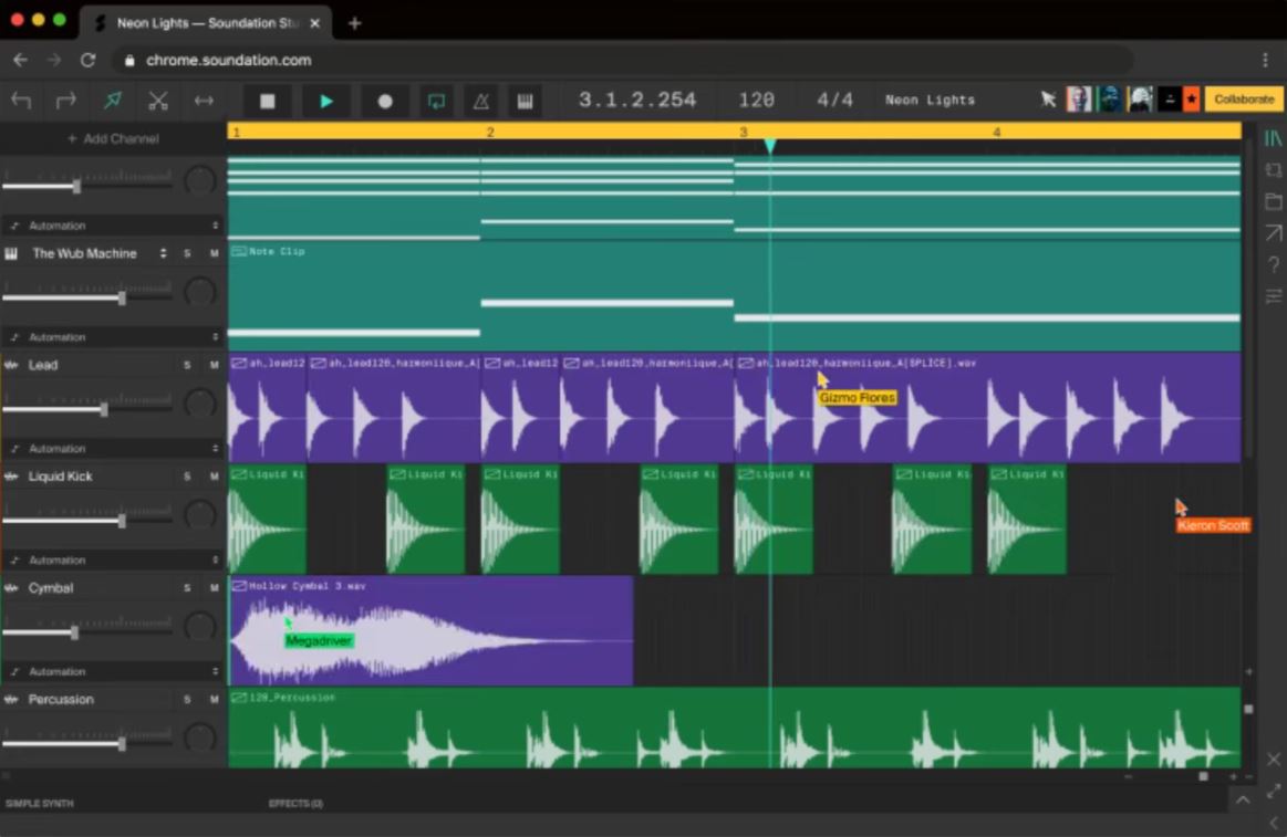 Soundation Studio с аудио- и MIDI-клипами, автоматизацией и совместной сессией