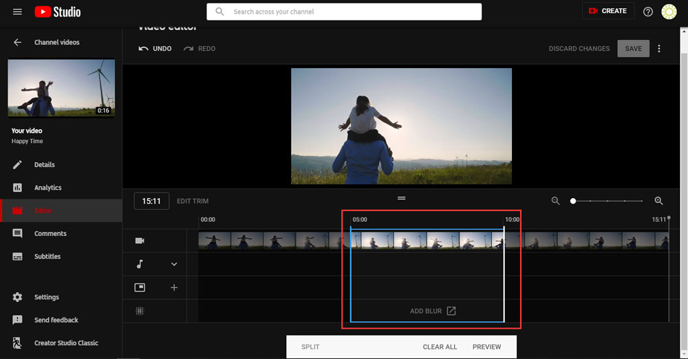 Редактор YouTube Studio с таймлайном загруженного видео