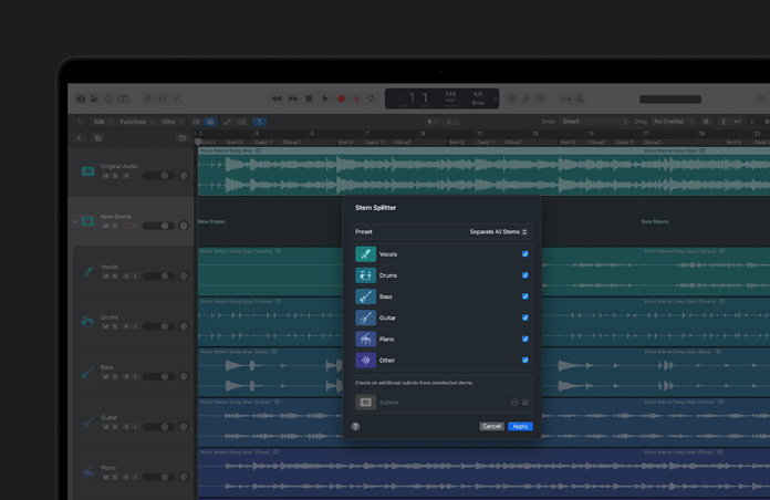 Logic Pro со Stem Splitter и разделёнными дорожками вокала, барабанов, баса и других партий