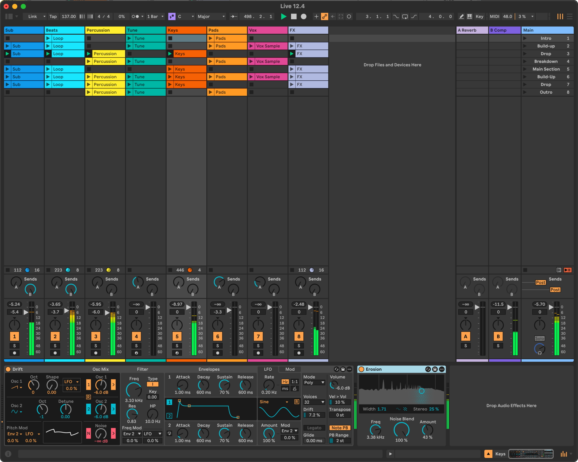 Session View Ableton Live 12.4 с клипами и сценами