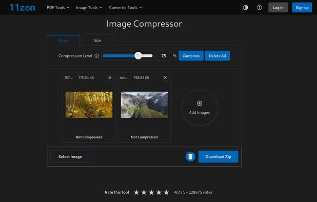 Интерфейс ImageCompressor 11zon с настройками сжатия изображений