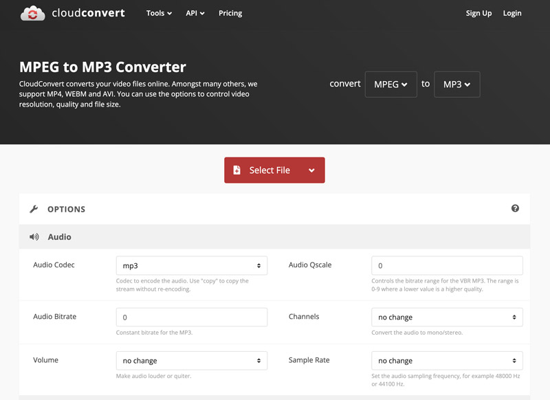 Интерфейс CloudConvert MPEG to MP3 с параметрами аудио