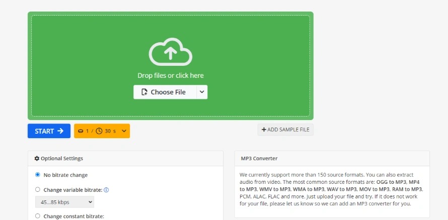 Интерфейс Online-Convert с загрузкой файла и блоком Optional Settings