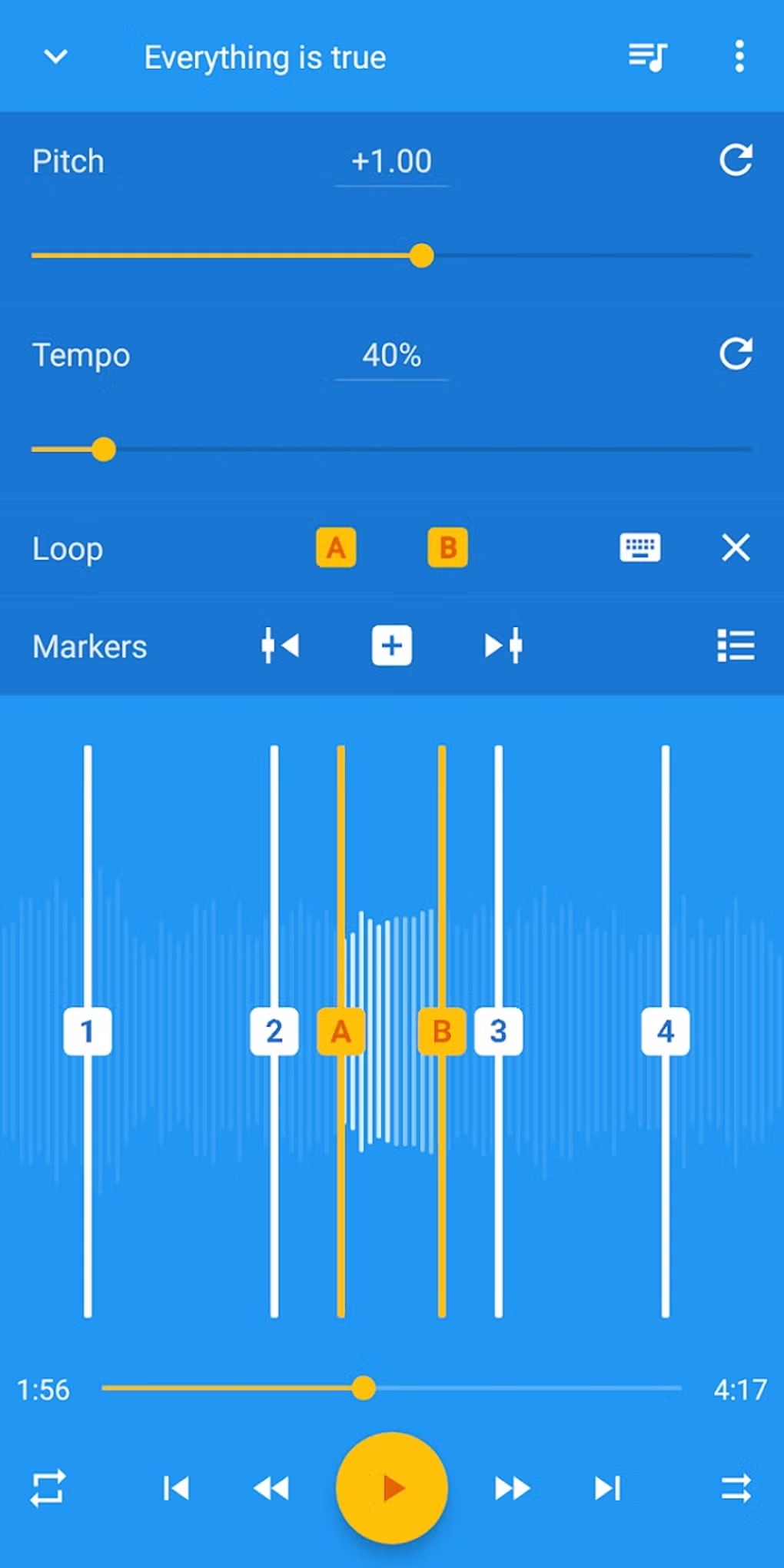 Интерфейс Music Speed Changer на Android с отдельными регуляторами Pitch и Tempo