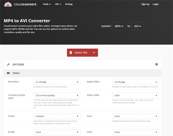 Интерфейс CloudConvert для преобразования MP4 в AVI с параметрами качества