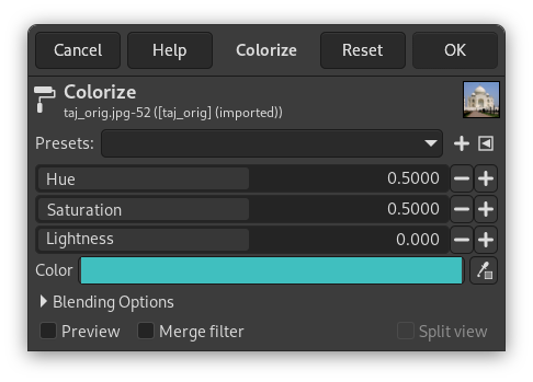 Диалог Colorize в GIMP для тонирования фотографии под сепию