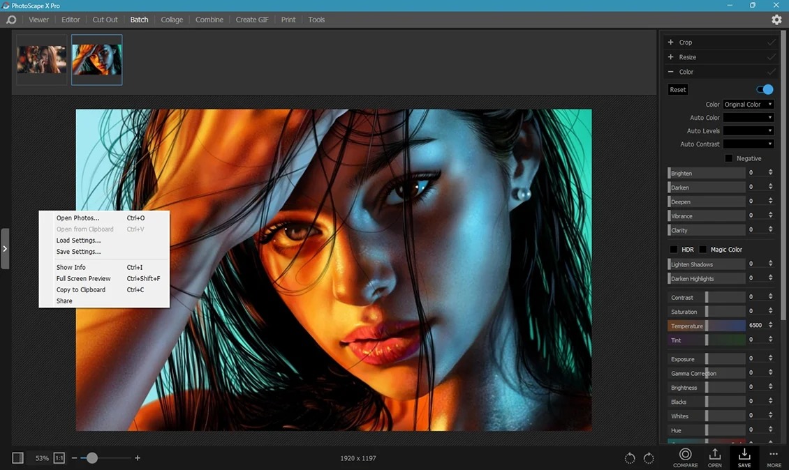 Интерфейс PhotoScape X с открытым изображением и инструментами обработки