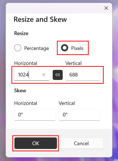 Диалог Resize and Skew в Microsoft Paint с изменением размера по пикселям