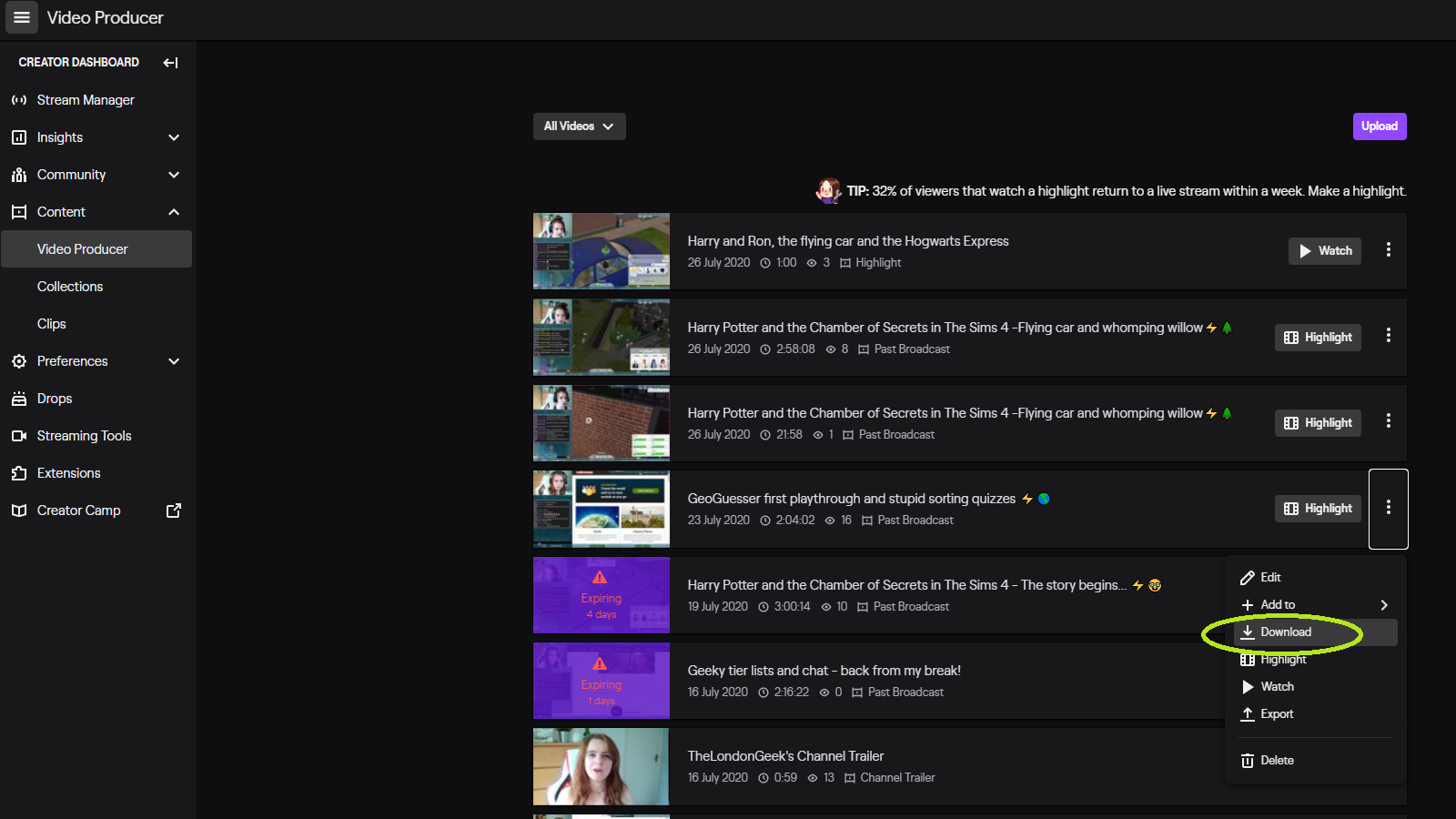 Меню Twitch Video Producer с командой Download для сохранения VOD