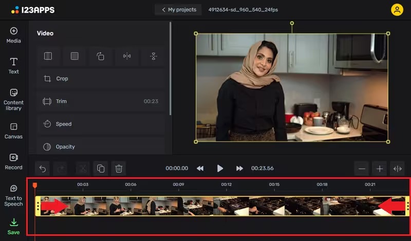 Интерфейс 123apps Video Editor с инструментом Trim и таймлайном
