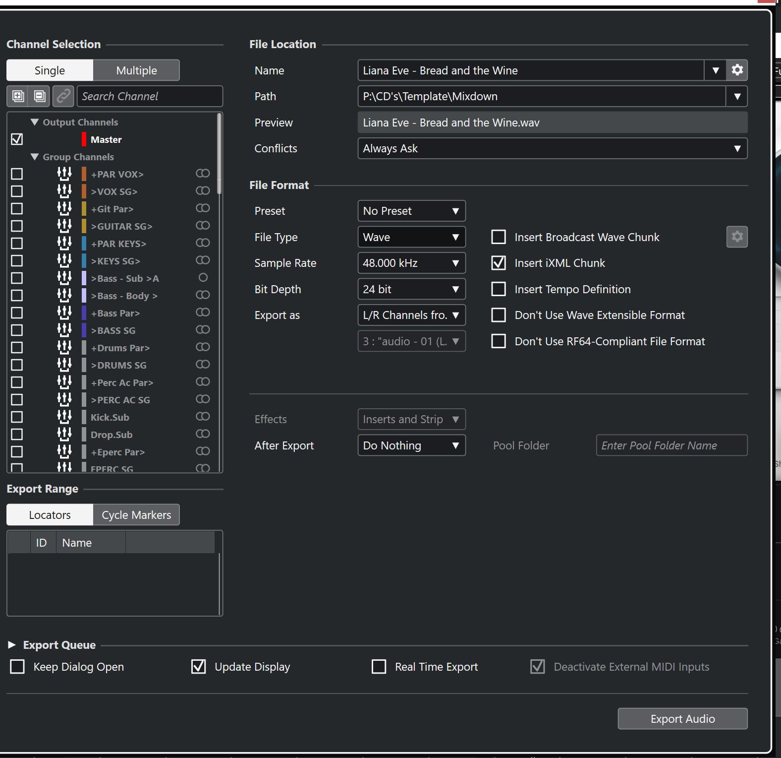 Окно Export Audio Mixdown в Cubase