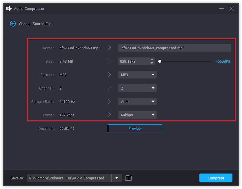 Окно Audio Compressor Vidmore с полями размера, формата, каналов, частоты и битрейта