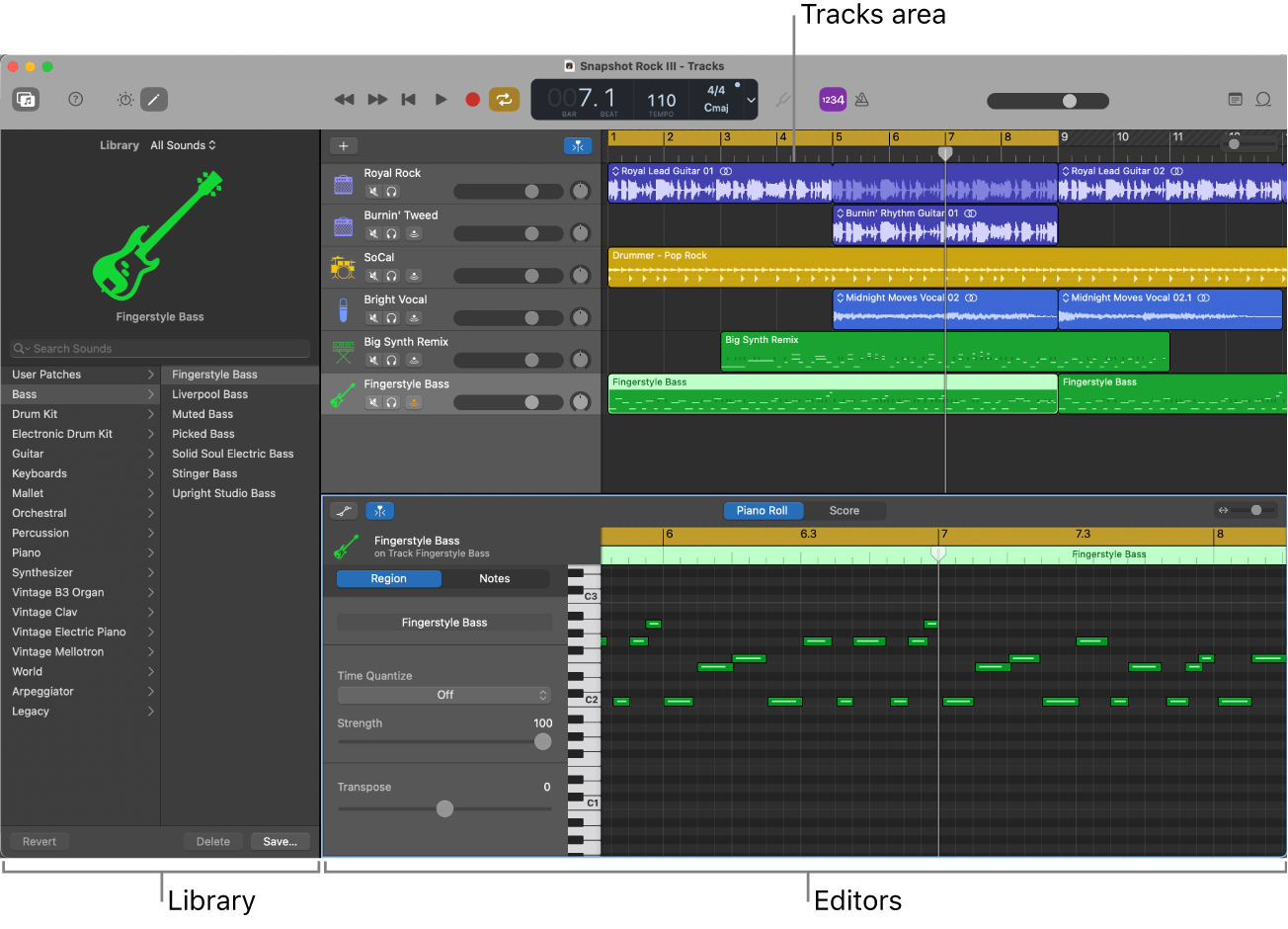 Главное окно GarageBand на Mac с дорожками, библиотекой и редактором