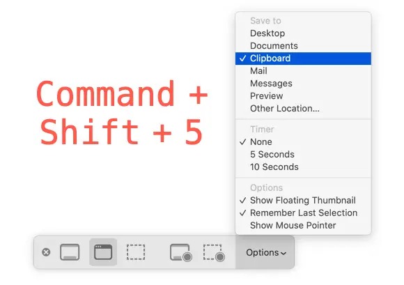 Панель Screenshot в macOS с режимами захвата и меню Options