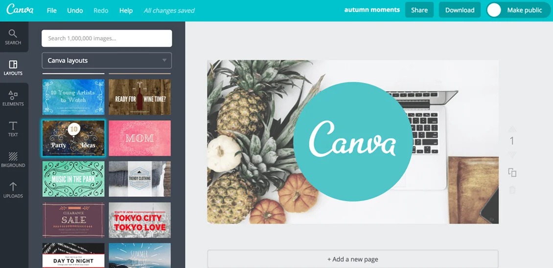 Интерфейс Canva с макетом, боковой библиотекой элементов и панелью редактирования