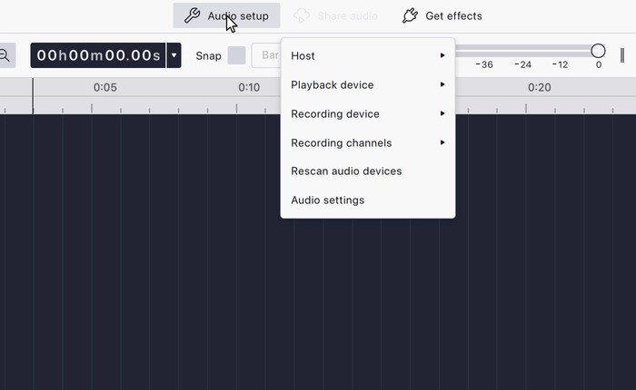 Меню Audio setup в Audacity с выбором устройства записи и каналов