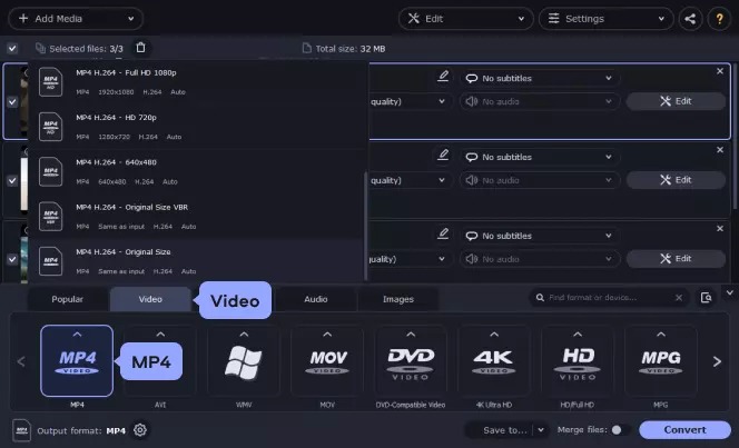 Вкладка Video и список форматов в Movavi Video Converter