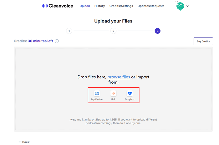 Экран загрузки Cleanvoice AI с вариантами импорта аудиофайла