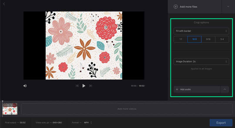 Интерфейс Clideo Slideshow Maker с параметрами кадрирования, длительности и добавления аудио