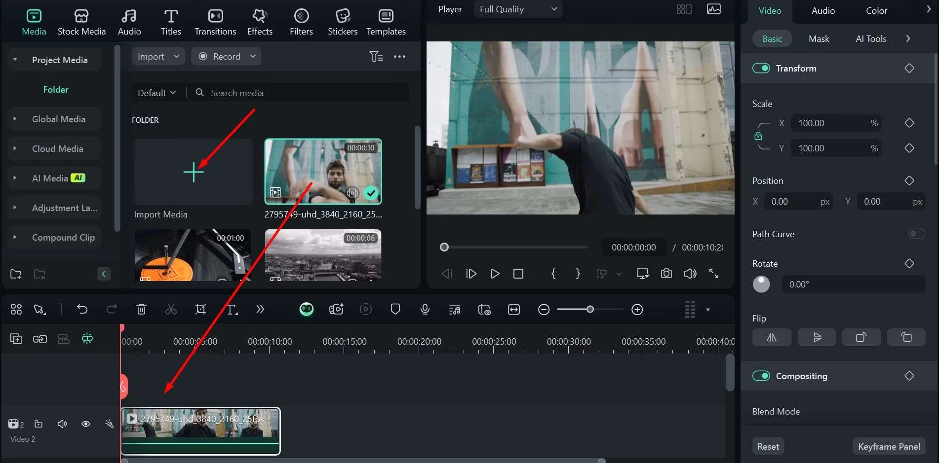 Импорт клипа и таймлайн Wondershare Filmora перед VHS-обработкой