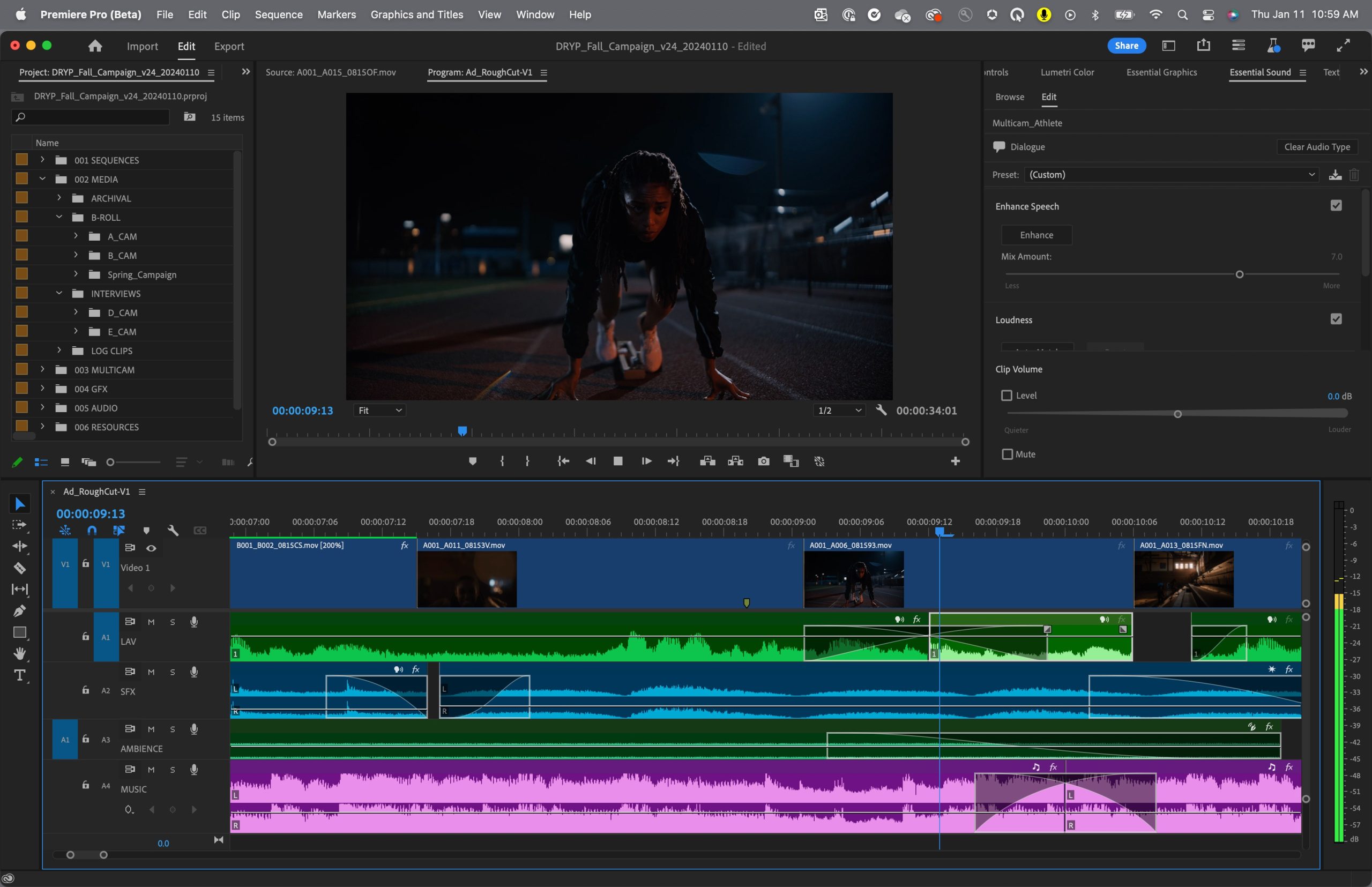 Рабочее пространство Adobe Premiere с программным монитором, видеодорожками и аудиодорожками