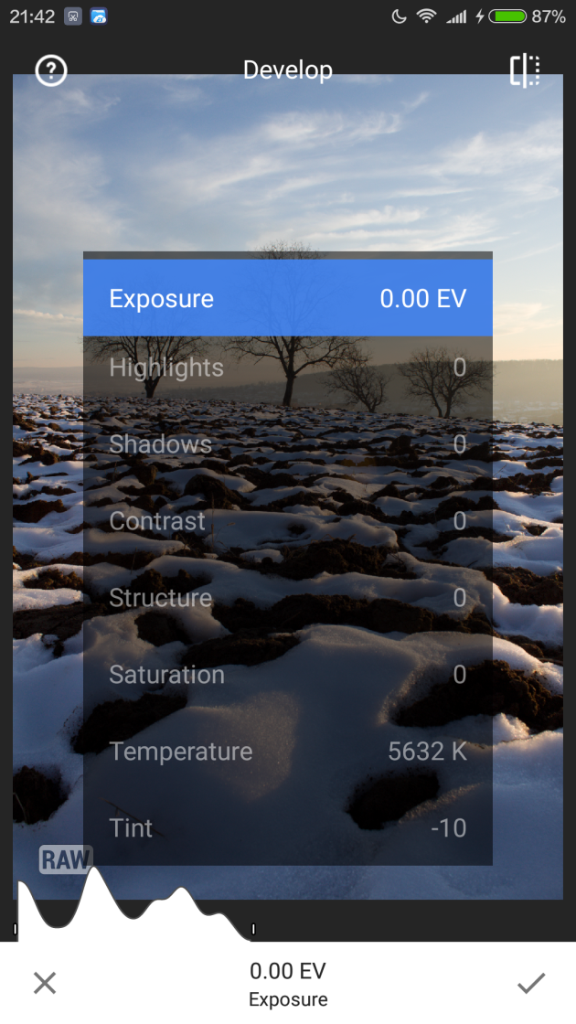 Snapseed RAW Develop с Exposure Highlights Shadows и Contrast