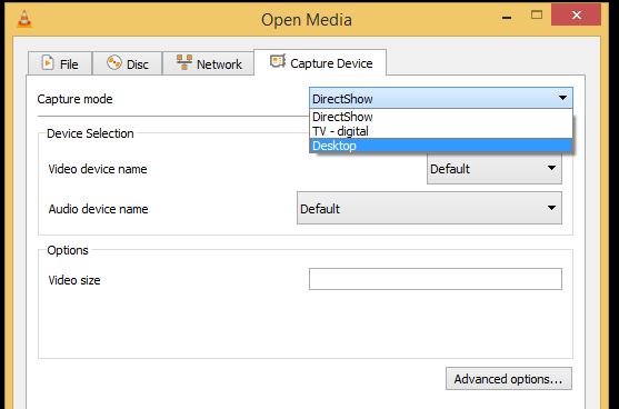 Окно VLC Open Media со списком Capture mode и выбранным Desktop