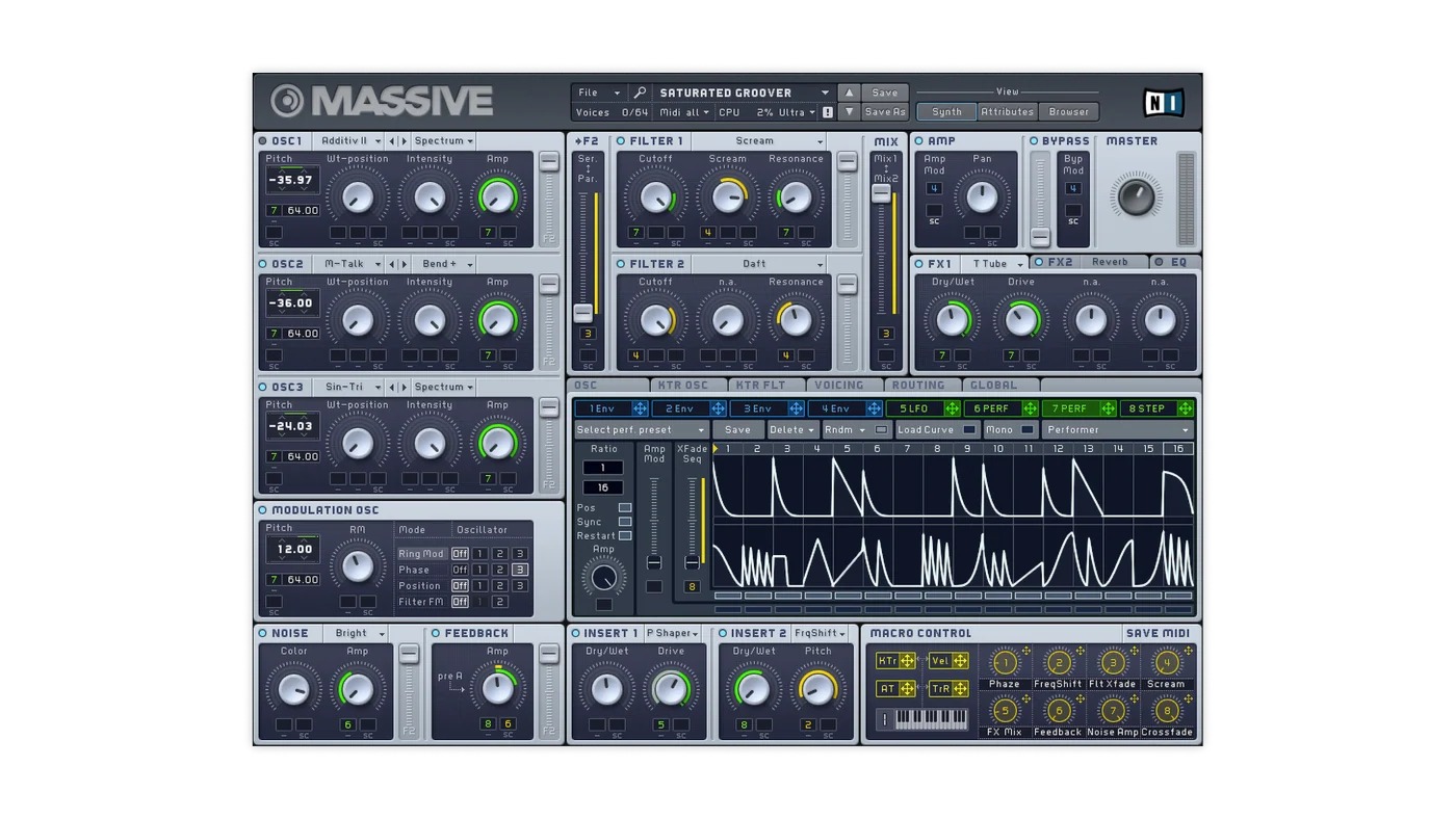 Интерфейс Native Instruments MASSIVE с тремя осцилляторами, фильтрами и секцией модуляции