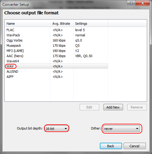 Окно Converter Setup в foobar2000 с выбранным форматом WAV