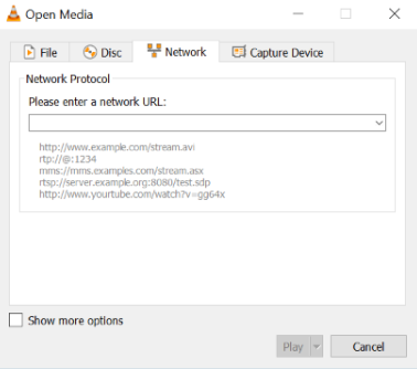 Вкладка Network в VLC media player для открытия сетевого URL