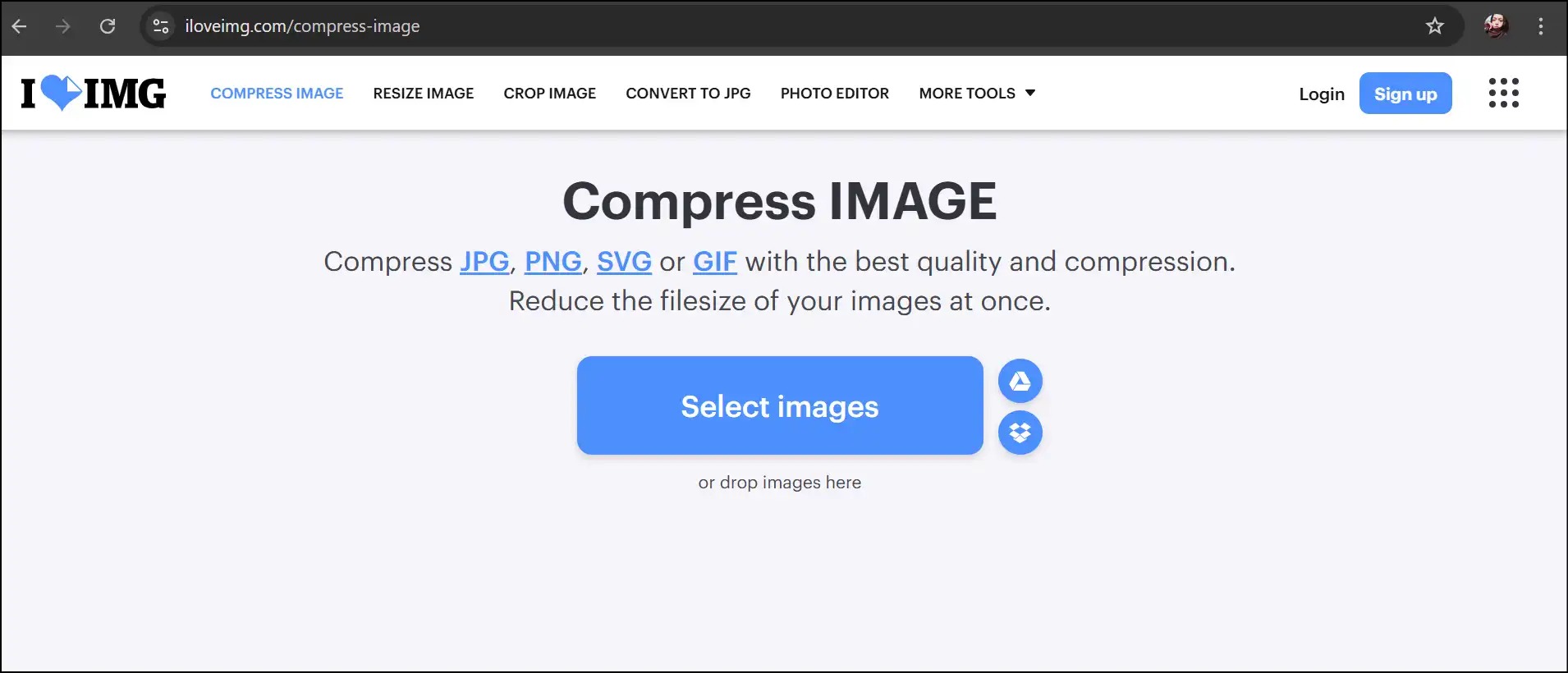 Интерфейс iLoveIMG Compress Image с кнопкой Select images