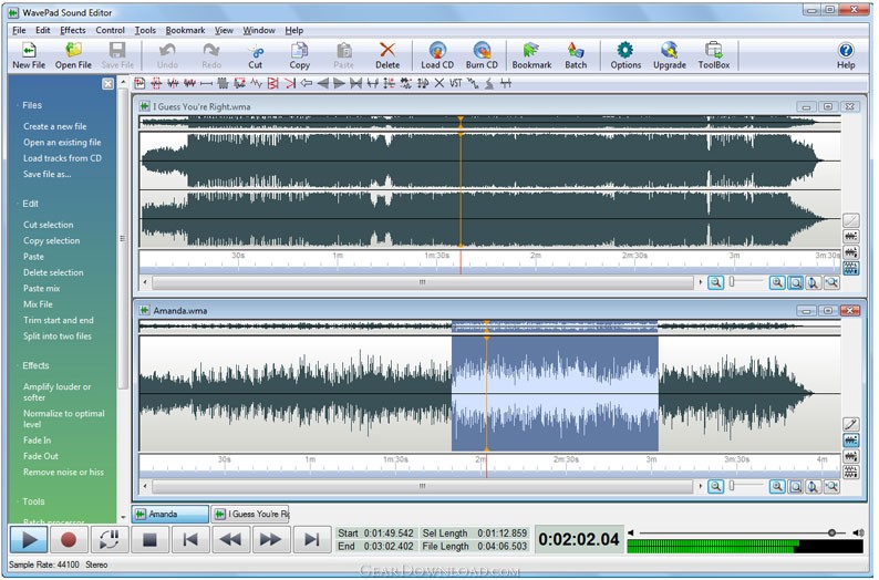 Интерфейс WavePad с формой волны и панелями редактирования аудио