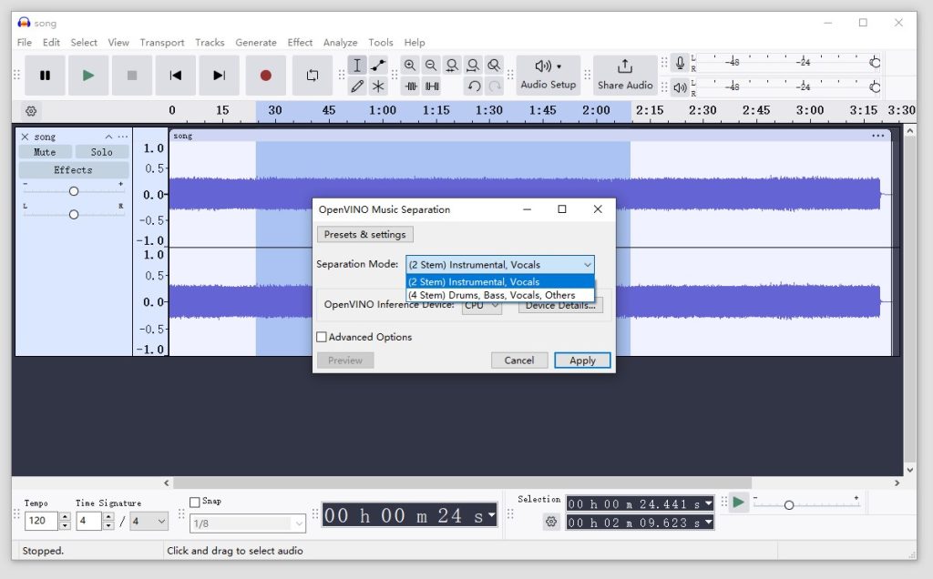 Окно OpenVINO Music Separation в Audacity с выбором двух и четырёх стемов
