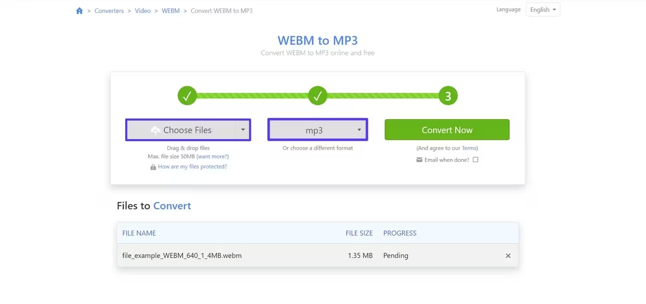 Интерфейс Zamzar для конвертации WEBM в MP3 с кнопками Choose Files и Convert Now
