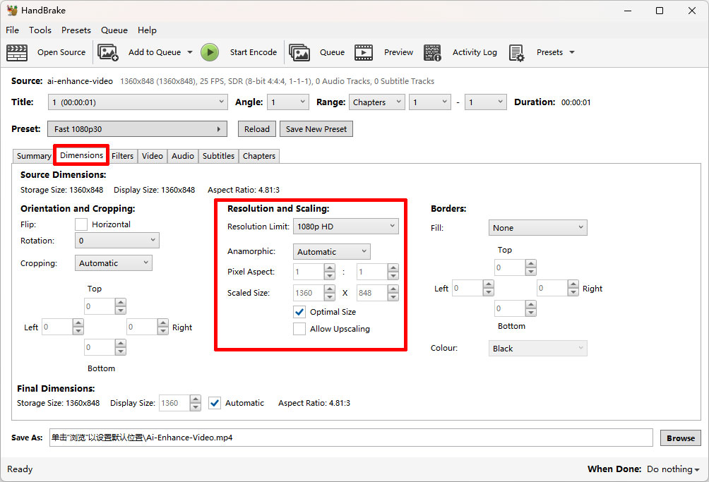 Вкладка Dimensions в HandBrake с параметрами Resolution and Scaling