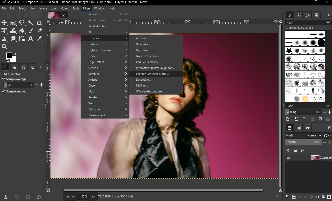 Меню Filters Enhance Sharpen Unsharp Mask в GIMP