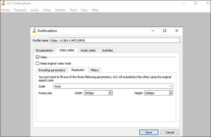 Окно Profile edition VLC на вкладке Video codec Resolution