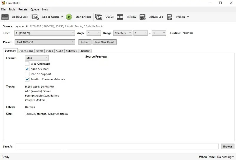 Интерфейс HandBrake с настройками кодека, качества и выходного файла