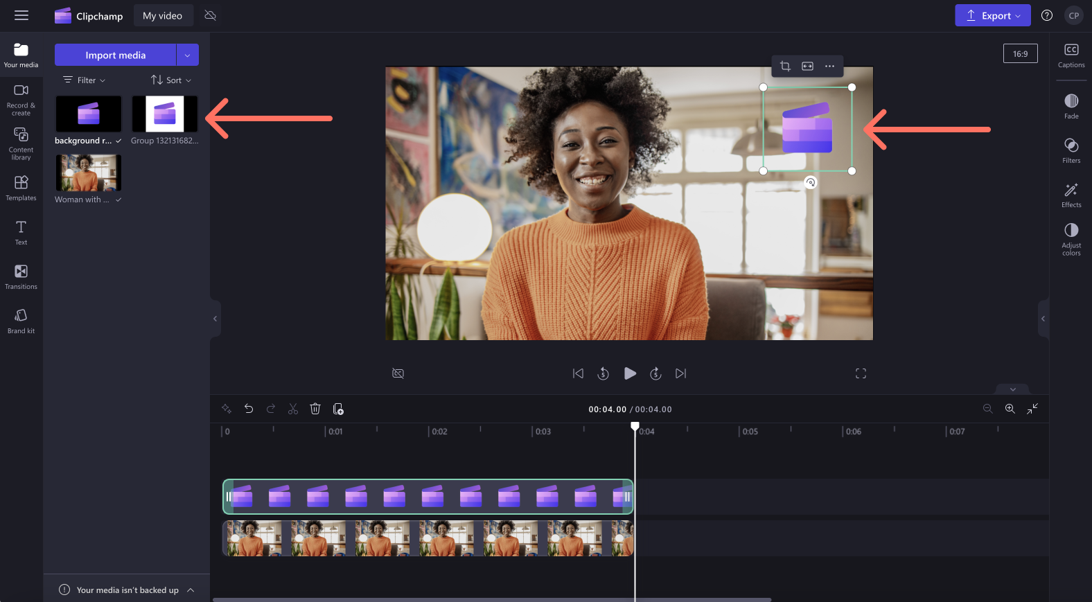 Логотип поверх видео в редакторе Clipchamp